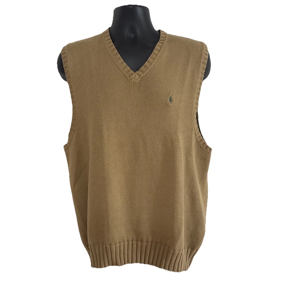 Polo Ralph Lauren Sleeveless Sweater Vest Size LIght Brown V-Neck Cotton